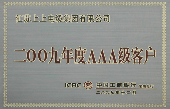 江蘇上上電纜集團(tuán)榮獲“中國(guó)工商銀行2009年度AAA級(jí)客戶”稱號(hào)