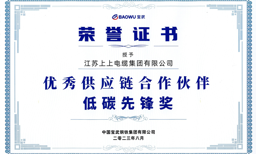 上上電纜榮獲寶武集團“2022年度優(yōu)秀供應鏈合作伙伴——低碳先鋒獎”